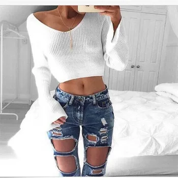 

Autumn Sexy V-Neck Sweater Women 2017 New Knitted Women Sweaters and Pullovers Solid Bandage Crop Tops