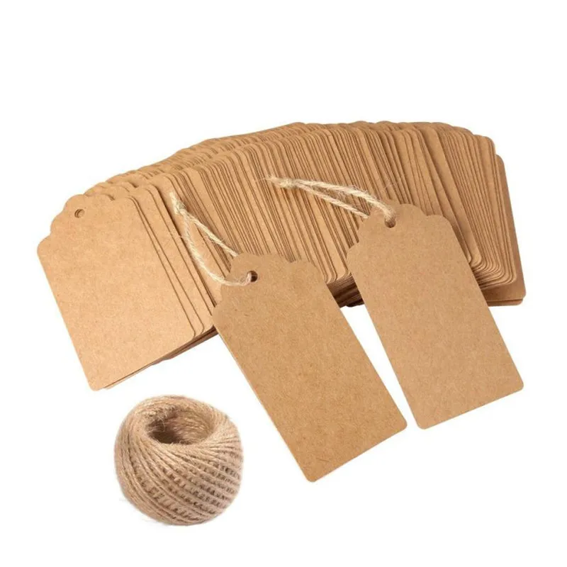 120pcs+30M Rope Retro Kraft Paper Wedding Rectangle Hanging Tags