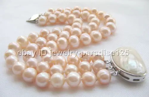 

Free shipping hot sale Women Bridal Wedding Jewelry >>Beautiful 8" 3row 10mm natural pink round freshwater pearl bracelet