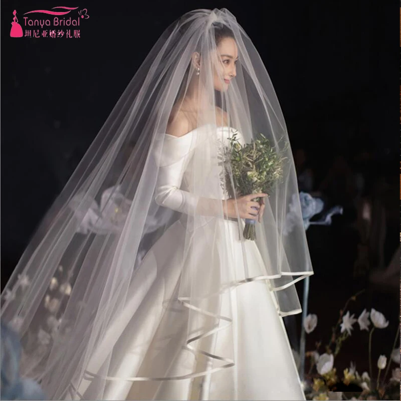 

Ribbon Edge Long Veils Simple Elegant Bridal Wedding Veil One Layer 3m length ZV023