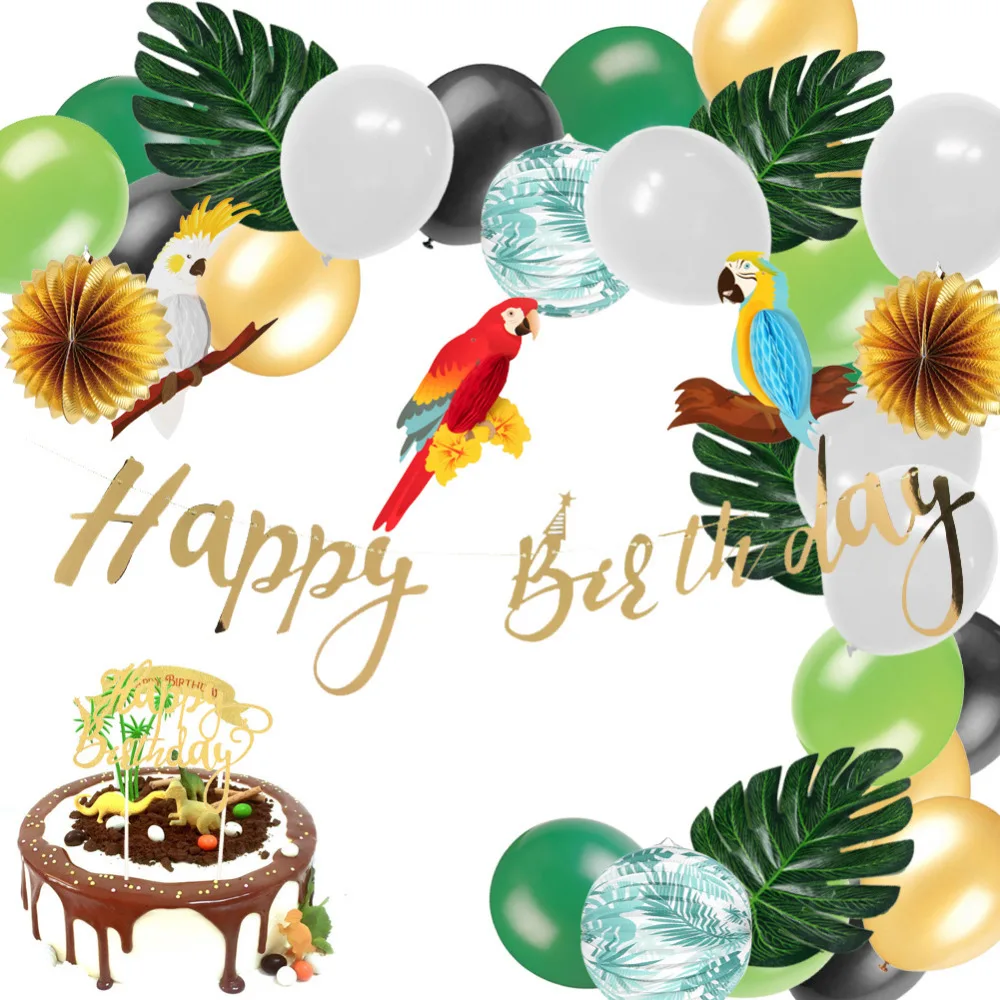 

Tropical Birthday Party Decoration Set Jungle Parrot Honeycomb Banner Cake Topper Palm Leaves Safari Party Decor