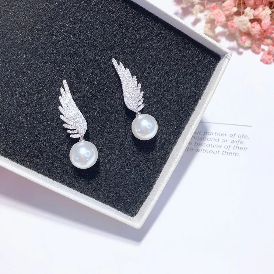 Korean Temperament Asymmetric Earrings Pearl Wings Drop Earrings Fashion Jewelry Accessories Earrings for Women