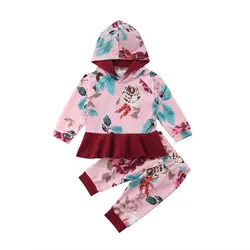 Повседневное малышей Детская одежда для девочек цветочный с капюшоном платье-пачка комплект со штанами и топами комплект одежды для детей