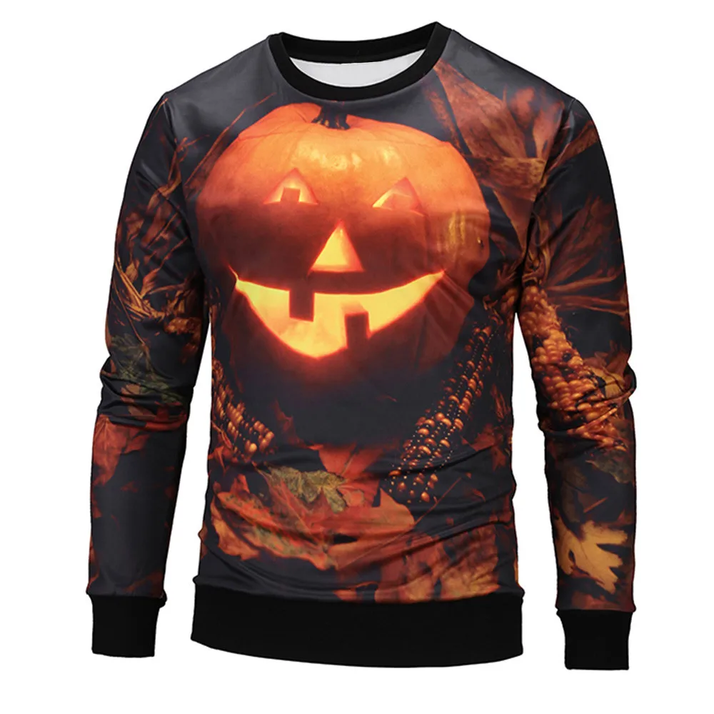 Men Casual Sweatshirts Halloween Pumpkin Fcae 3D Print Party Long