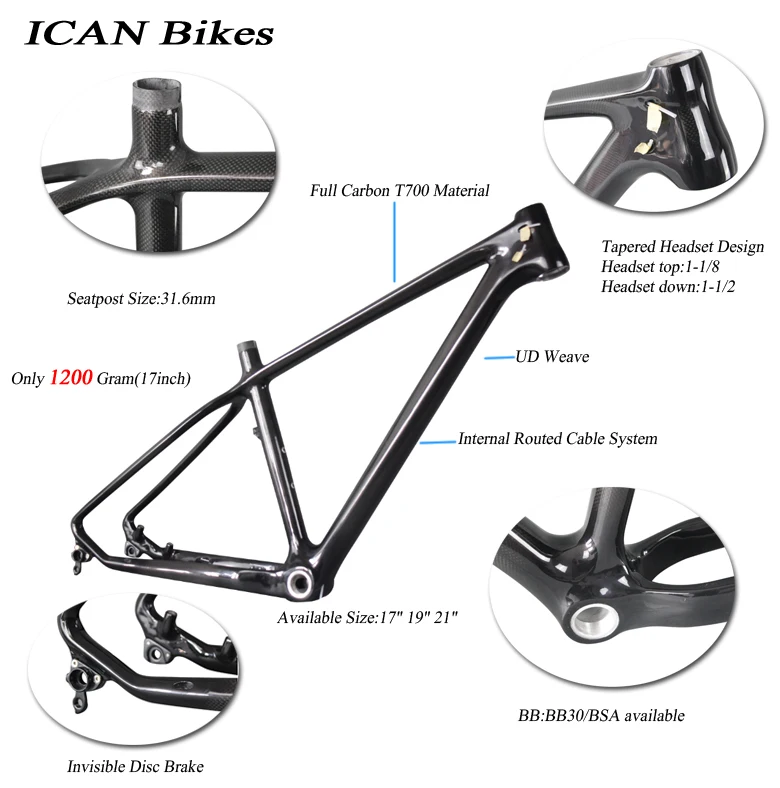 Высокое качество ICANBIKES полный углеродного волокна горный велосипед рама 27,5, 650b MTB рама, 21 дюймов, BB92