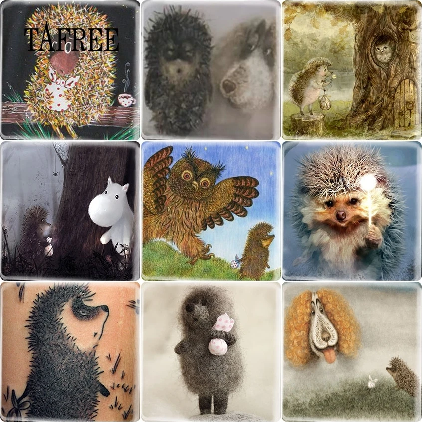 

TAFREE Cute Hedgehog Design Pattern Glass 12mm Square Shape Handmade Dome Finding Cameo DIY Earring Accessories Jewelry