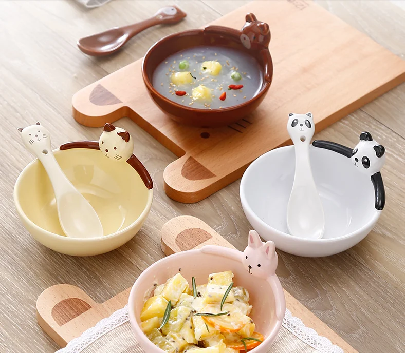 Мультяшный дизайн, Детская Керамическая маленькая чаша, креативная милая детская миска для супа, ланча с ложкой, домашняя детская посуда для еды Z839