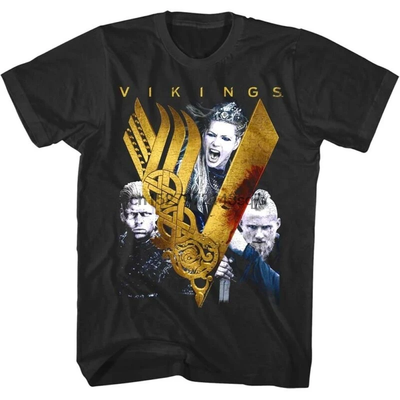 

Vikings TV Show Group Shot Gold Logo Men's T Shirt Lagertha Ivar Bjorn Ragnar