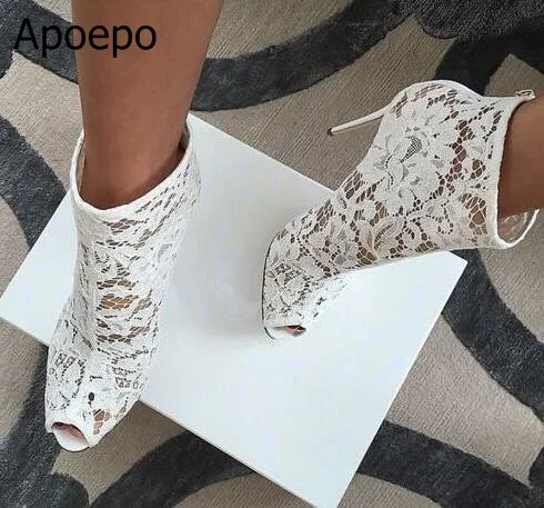 Lace Design Spring Winter Wedding Women Peep Toe Zipper Shoes Solid White Red Thin High Heels Sweet Fretwork Ankle Boots Women Women's Shoes