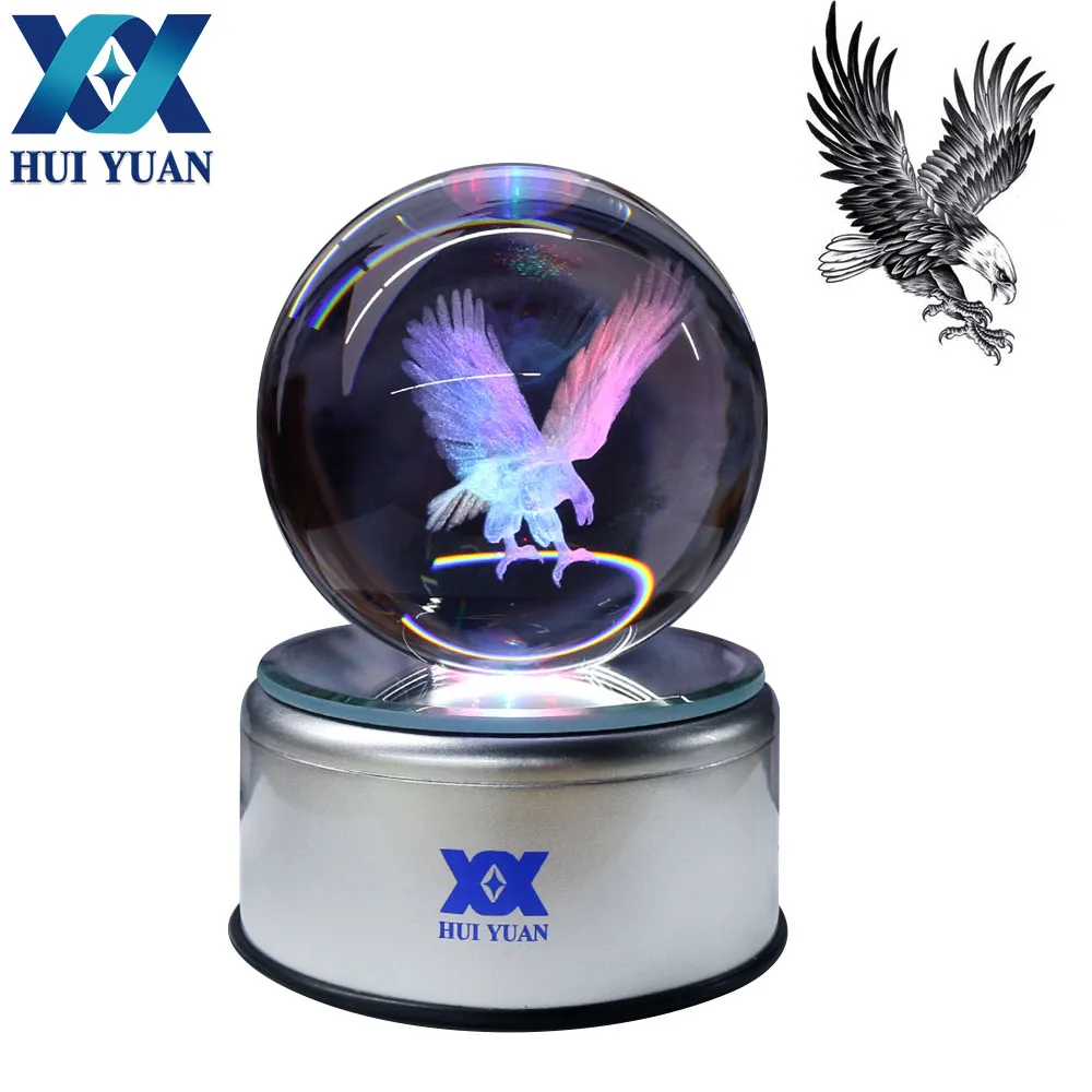 

HUI YUAN 3D Eagle 8CM Crystal Pokeball Rotary Base USB Engraving Round With Black Line Ball LED Colorful Base Child's gift