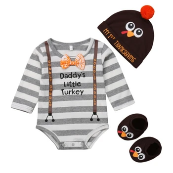 

Turkey Newborn Baby Boys Floral Cotton Romper Playsuit Hats 3Pcs Outfits Clothes Toddler Kids Thanksgiving Party Clothing Set