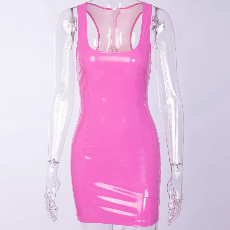 LVINMW Sexy Pink PU Leather Bodycon Dress 2019 Summer Women Sleeveless Low Cut Back Zipper Elastic Mini Dress Party Club Dresses occasion dresses Dresses