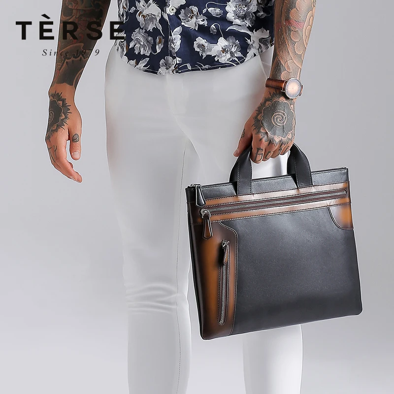 TERSE мужской портфель ручной работы из натуральной кожи сумки Бизнес Портфель Лоскутные короткие сумки большой емкости 9708