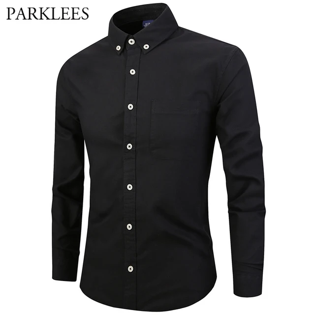 Mens Button Down Dress Shirts Black Oxford Cotton Long Sleeved Shirt