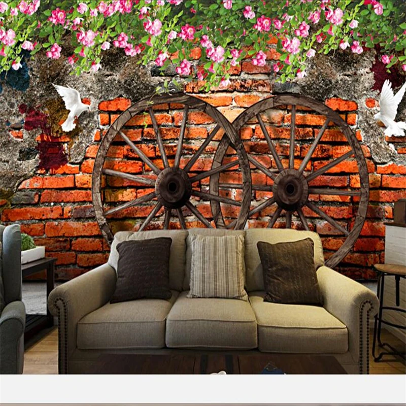 

beibehang Custom Wallpaper 3d Photo Murals Nostalgic Retro Rose Wheel Brick sofa Background Wall paper Mural 3d papel de parede