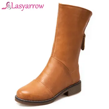 

Lasyarrow 2018 Vintage Western Style Black Yellow Beige Low Chunky Heels Womens Mid-calf Western Boots Lady Shoes Big Size F452