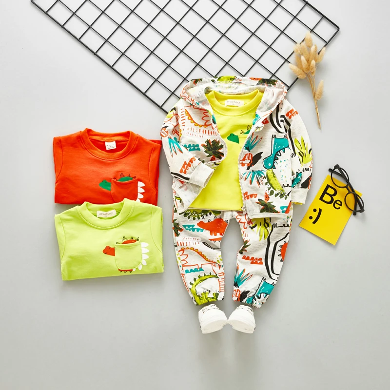 

DIIMUU 3Pcs Toddler Infant Children Boys Clothing Hoodies Cartoon Dinosaur Zipper Long Sleeved Coats Solid T-Shirts Pants Sets