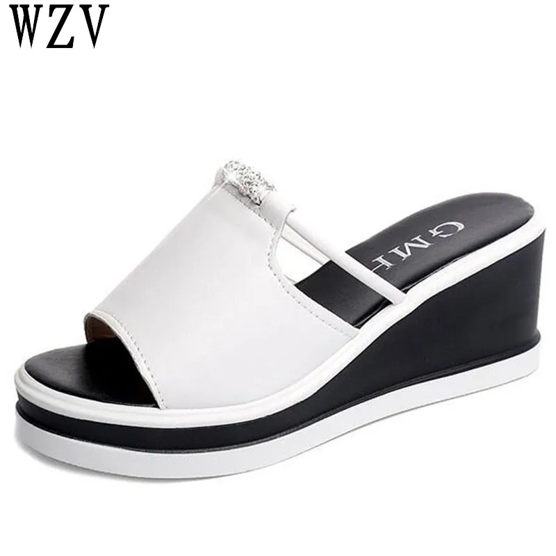 Achat Femmes Pantoufle Sandales Talons Coins Plate Forme En Cuir Peep Toe Cristal Élégantes Sandales Femmes Dames Mules sabots D été Chaussures C291