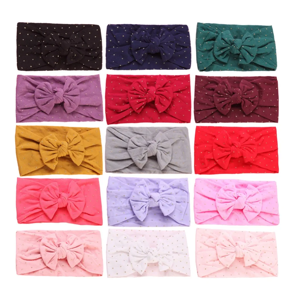 

15pcs/lot Nylon Baby Headband Newborn Bows Hair Bands Turban Gold Hot Stamping Infant Hair Accessories 18 Colors JFNY124