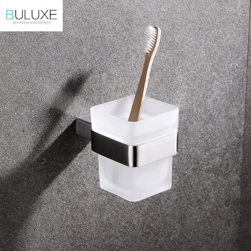 BULUXE Luxury Toothbrush Holder Brushed Finish Stainless Steel Tumbler Holder With Cup Wall Mount Bathroom Accessories IFG721 black paint stainless steel bathroom toothbrush cup holder tumbler wall mounted