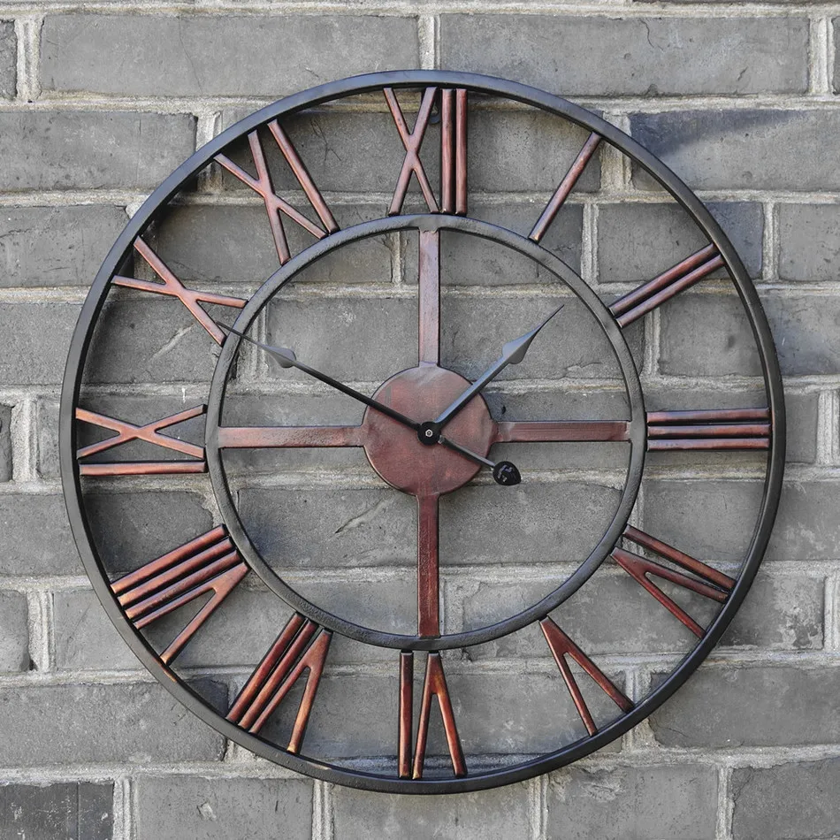 Online Nuevo 3D Circular Retro romano 47cm hierro forjado hueco Vintage gran silencio decorativo Reloj de pared en la pared decoración para el hogar