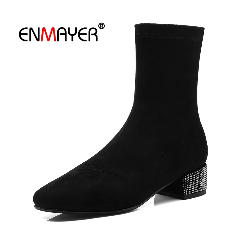

ENMAYER Woman Over The Knee High boots Winter Causal Square toe Stretch thigh High boots Zip Black Size 34-40 Thick heels CR1606