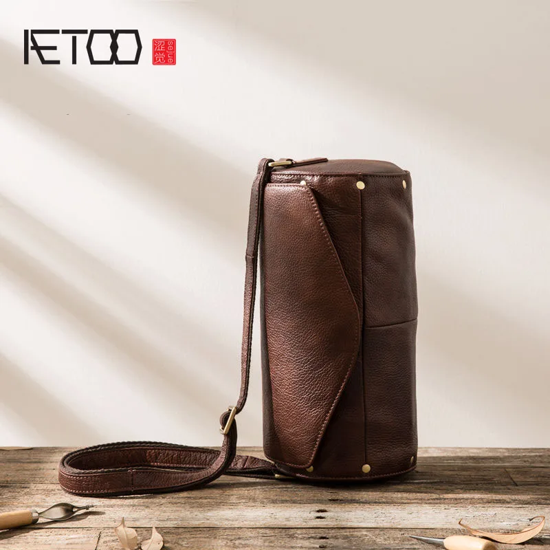 AETOO 2017 original retro first layer cowhide drum bag shoulder movement bucket bag handmade leather male bag Messenger bag