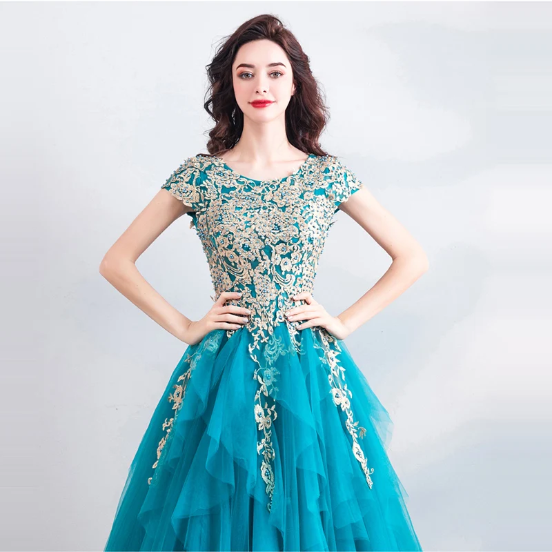 Это YiiYa выпускное платье, модное синее платье с вышивкой и круглым вырезом, короткие рукава, длина до пола, большие размеры, Длинные вечерние платья E272