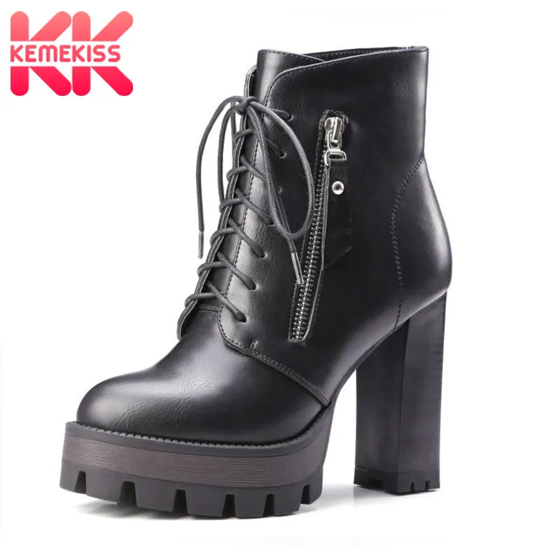 

KemeKiss High Heels Platform Women Boots Zipper Cross Strap Ankle Shoes Women Thick Heels Spring Autumn Footwear Size 33-42