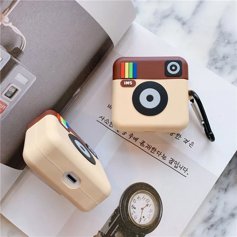 3D Милые Instagram INS корпусы гарнитурные камеры для Apple Беспроводная bluetooth-гарнитура Airpods 1 2 Силиконовый ударопрочный наушник крышка