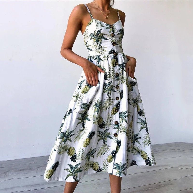 

Summer Women Dress 2019 Vintage Sexy Bohemian Floral Tunic Beach Dress Sundress Pocket Designer Dress Striped Female Clothes