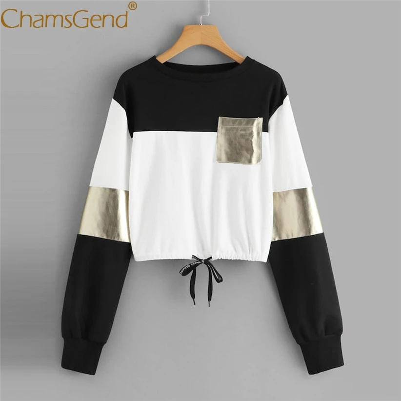 

Newly Design Women Girls Blocking Cropped Top Draw-String Long Sleeve Round Neck Woman Sweatshirts Pullover Female Apparel 81211