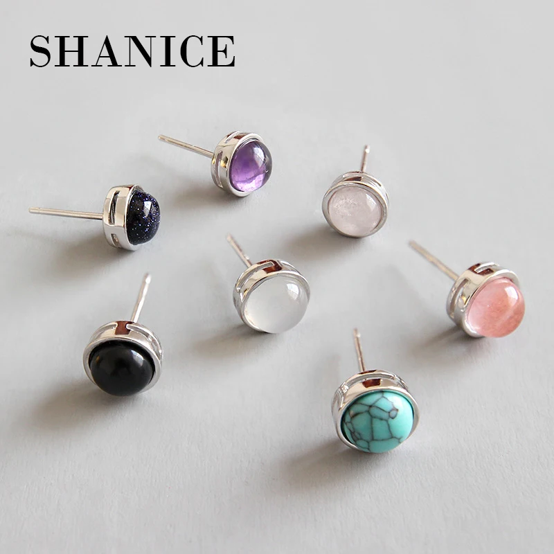 

SHANICE Natural Round Stone Earrings Red White Green Crystal Stud Earrings 925 Silver Mosaic Earwear For Women Fashion Jewelry
