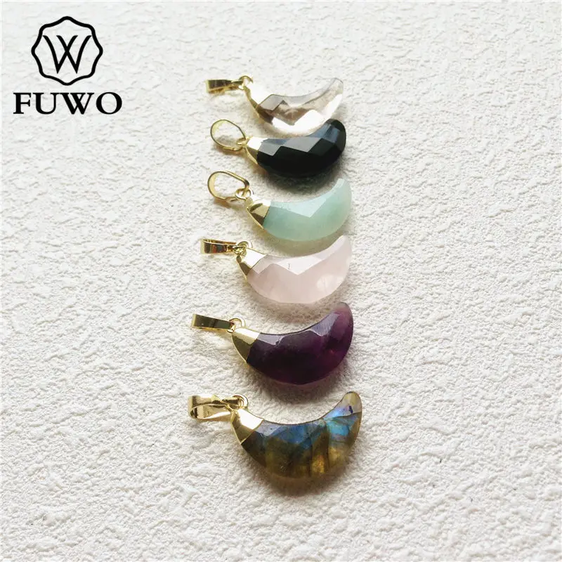 FUWO граненый кристалл кварца кулон с дизайном «полумесяц» с 24K позолоченным цветом модные ювелирные изделия из необработанного камня для изготовления ожерелья PD149
