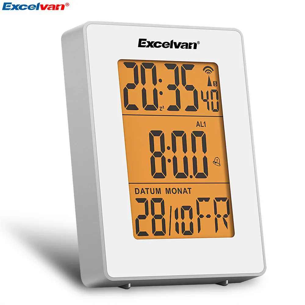Excelvan Digital Precision Radio Controlled Alarm LCD Display in Orange Backlight Wall Moutable Desk Stand Clock Thermometer01