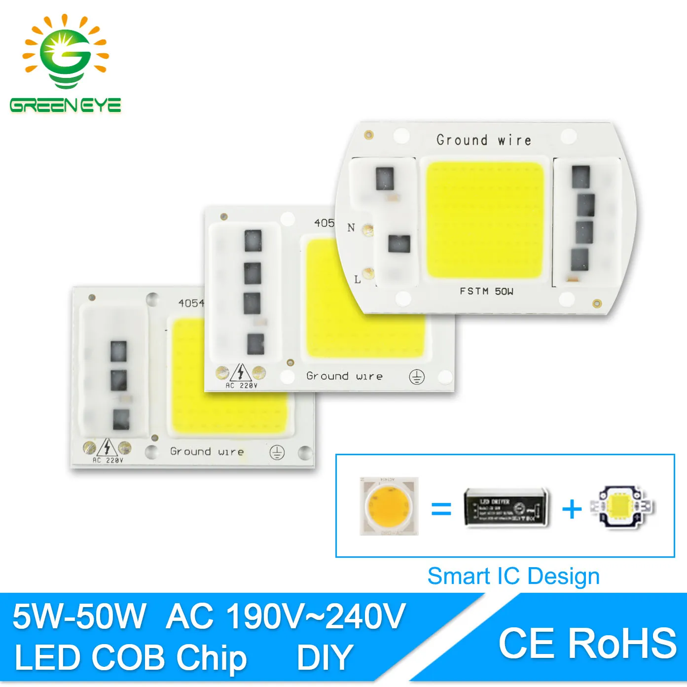 Интегрированный COB светодиодный чип-лампа GreenEye AC 220 В, 50 Вт, 30 Вт, 20 Вт, 10 Вт, 5 Вт, смарт-Драйвер IC, люменов для DIY прожектора