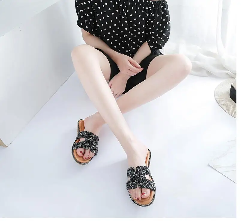 Лето новый стиль моды H дамские сандалии женская обувь на плоской подошве со стразами шлепанцы обувь удобная женская обувь тенденция