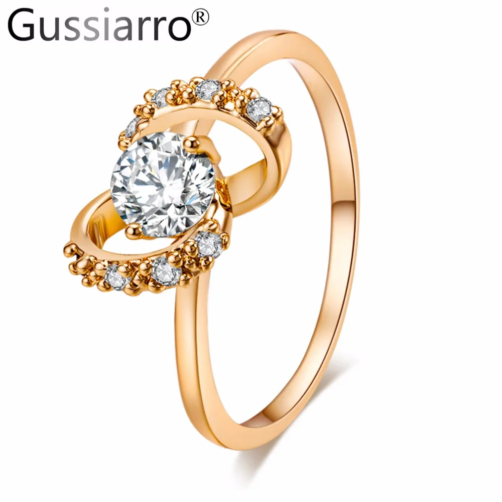 Gussiarro Hot Bottom Price Fashion Rings for Women Double Round Shape Ring Zirconia Micro Paved Yellow Gold-Color Anel | Украшения и