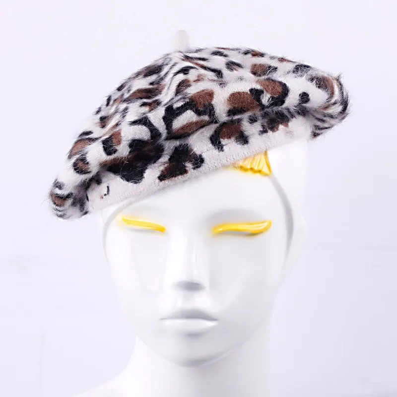 Эластичные французские береты из кроличьего меха для женщин и девушек, шапочки с леопардовым принтом
