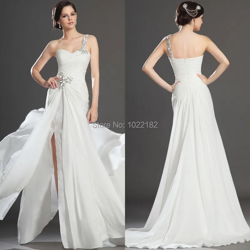 One Shoulder Crystal Beaded High Side Slit Long Ch...