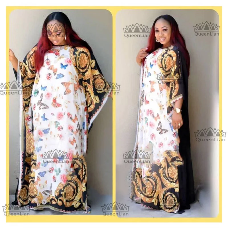 

L-XXX LNew Fashion The Butterfly Pattern Chiffon Super Size African Loose Long Dashiki Traditional Party Dress For Lady(XFHD#)