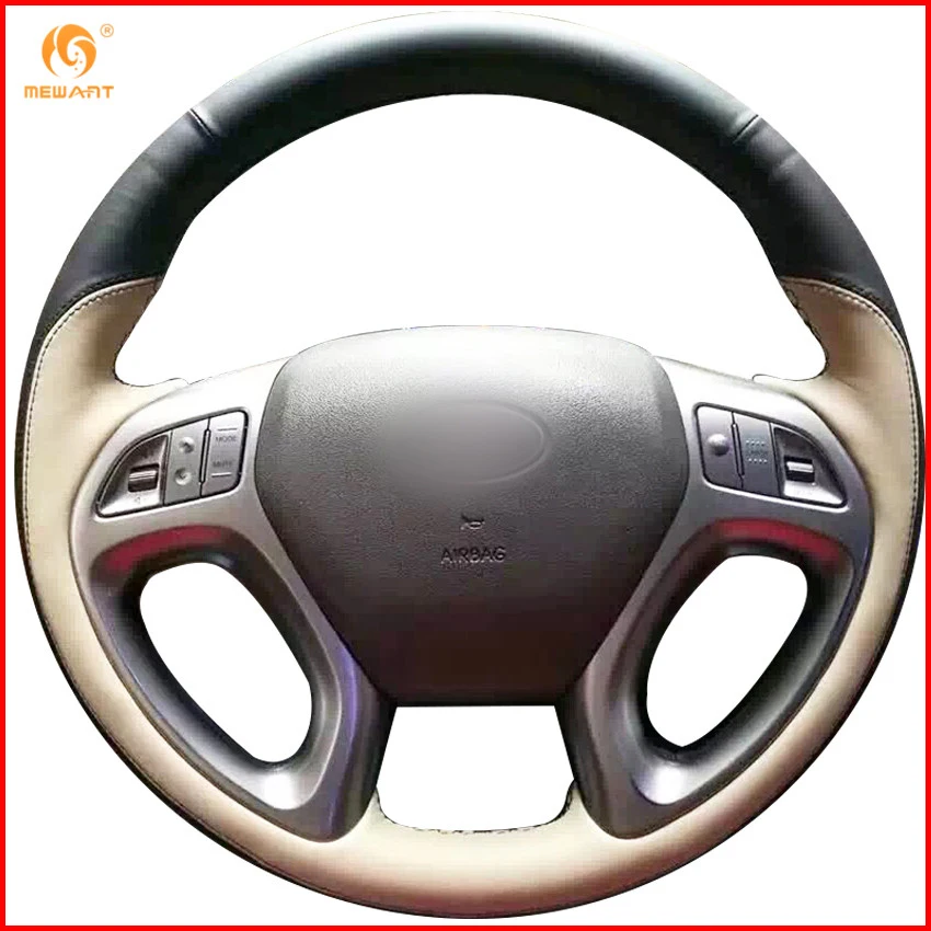 MEWANT Black Leather Beige Leathe Car Steering Wheel Cover for Hyundai ix35 Tucson 2 2011 2015
