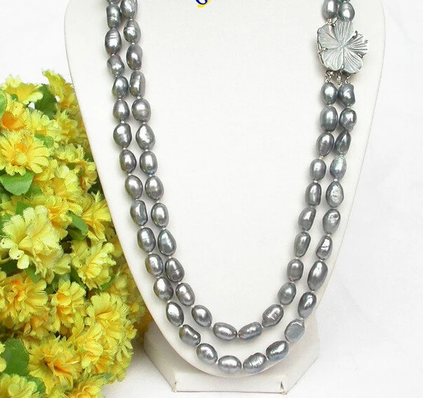 

18" baroque 2row black Gray freshwater pearls necklace seashell clasp j7809