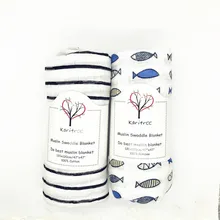 Детское муслиновое Пеленальное Одеяло в черную полоску с рыбками, детское хлопковое Пеленальное Одеяло с мультяшным принтом, мягкое дышащее одеяло для новорожденных