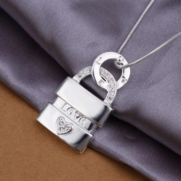 wholesale fine silver plated necklace fashion jewelry chain rhinestone lock necklaces & pendants ...