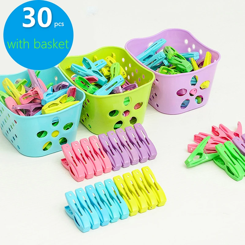 

30pcs basket Laundry Clothes Pins Color Hanging Pegs Clips Heavy Duty Clothes Pegs Plastic Hangers Racks Clothespins