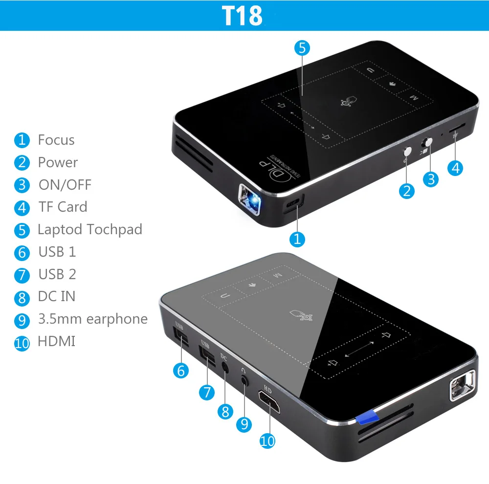 ThundeaL T18 мини проектор dlp Android 7 1 WiFi 3D P8I 4K Pico карманный P9 Сенсорная панель