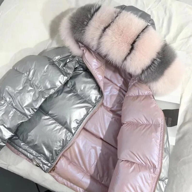 Большой натуральный Лисий Мех зимняя куртка для женщин Детский пуховик с капюшоном белая утка подпушка Двусторонняя водонепроница - Цвет: Розовый