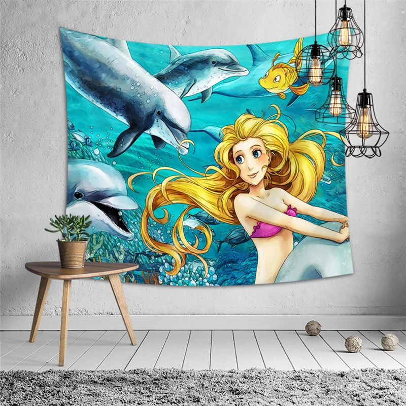 

Beach Tunic Cover Mermaid Mat Thin Polyester Yoga Carpet Cartoon Printed Bedspread Bedroom Child's Rug Wall Hanging Tapestry