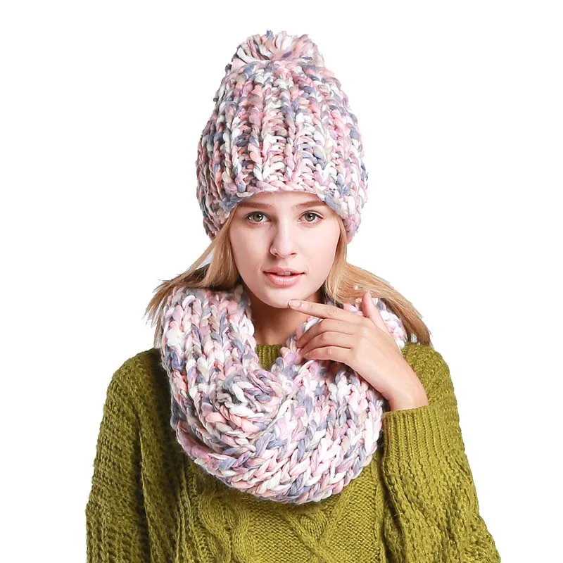 Модная вязаная шапка и шарф комплект теплая зимняя шапка для Для женщин шапочки толстые женские капот шарф комплект Для женщин ансамбль